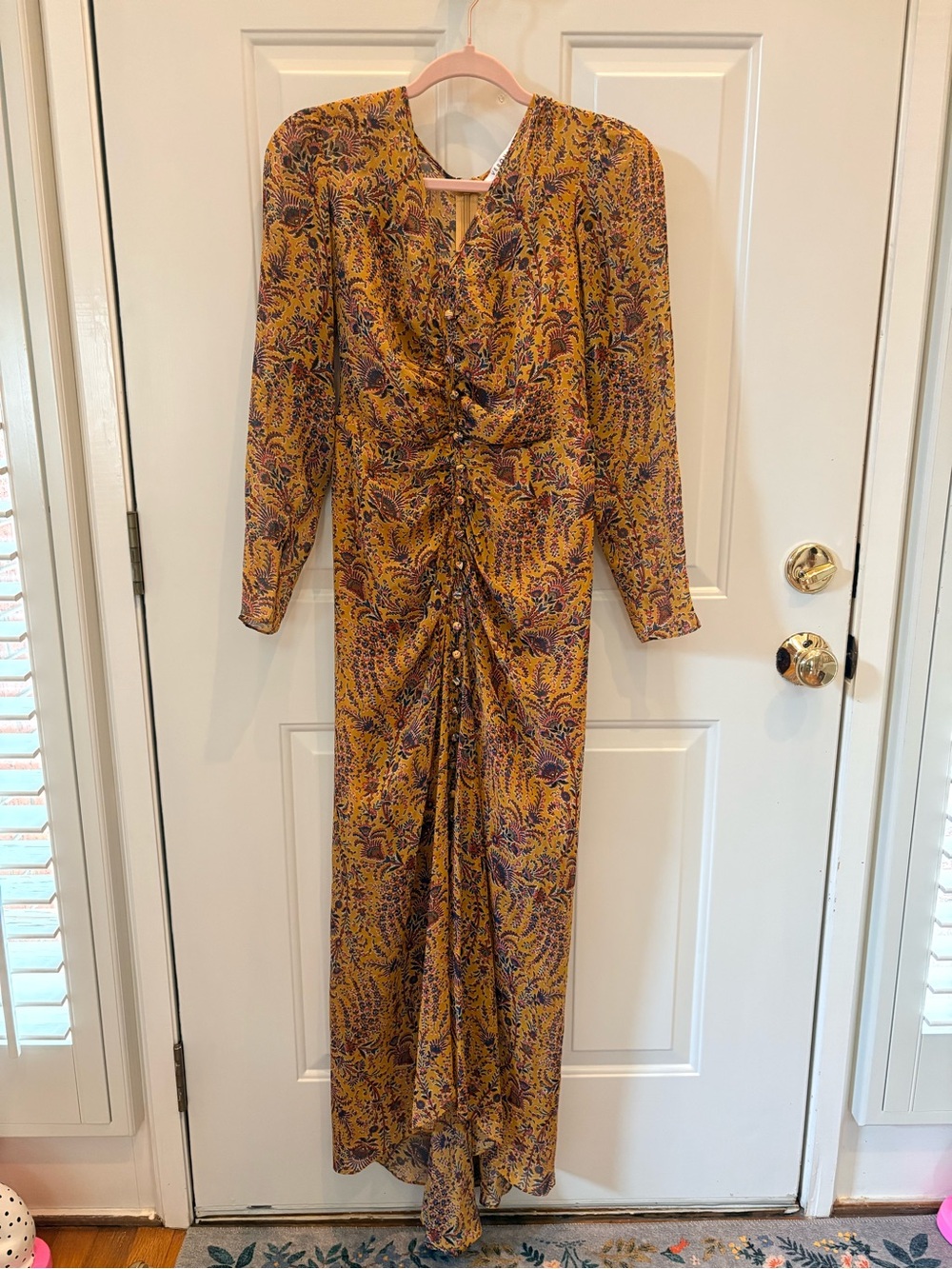 Veronica Beard Mustard Floral Long-Sleeve Twist-Front Maxi Dress
